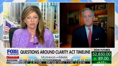 A Fox Business broadcast segment features hosts discussing the CLARITY Act, with an on-screen graphic showing market figures ($2,830.00 for Dow Futures, S&P 500 at 5,694.50), while the accompanying post argues that XRP itself doesn't need the Clarity Act—rather, institutional frameworks for legal, compliance, and custody need clarity before banks can adopt the technology.