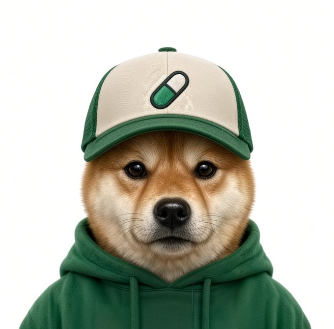 A Shiba Inu dog with a serious expression is wearing a beige and green trucker cap featuring a green pill icon, paired with a green hoodie, visually tying into the meme coin promotion for $PUMPINU with the contract address "FatoMrm2ChLmPR3f7PGYRKv1p6HQU7pwyct3tz4vpump" as it positions the dog as the face of the trending viral INU meme campaign.