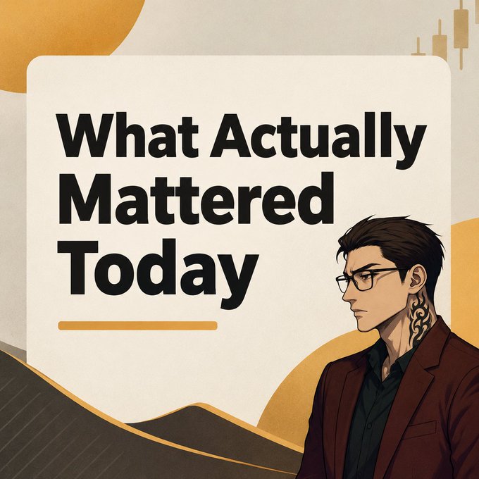 A graphic featuring the bold text 'What Actually Mattered Today' alongside an illustrated portrait of a serious-looking man with glasses, dark hair, and a neck tattoo, set against a beige and gold background with candlestick chart imagery.