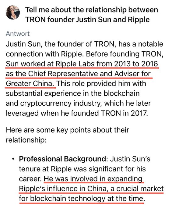 A caption underneath a photo reads "Focus on what is in the image and how it relates to the post". The main subject of the image appears to be Justin Sun, who founded TRON in 2013. A caption provided below the image states that Justin Sun worked at Ripple Labs from 2013-2016 and was involved in expanding Ripple's influence in China.