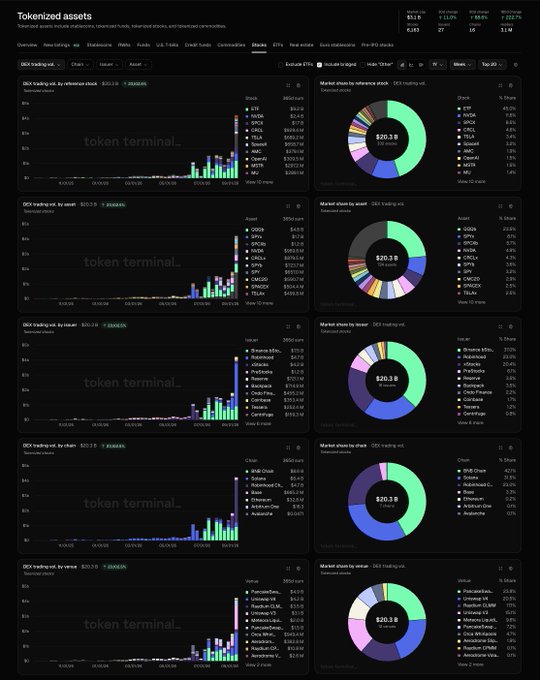 A dark-themed 'Tokenized assets' dashboard from Token Terminal displays multiple bar charts and donut charts showing DCX trading stats across various chains like BSC, Solana, and Base.