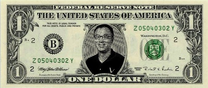 An edited $1 bill shown where someone's face has been photoshopped into the center. The source text says that VeChain will soon reach $1.
