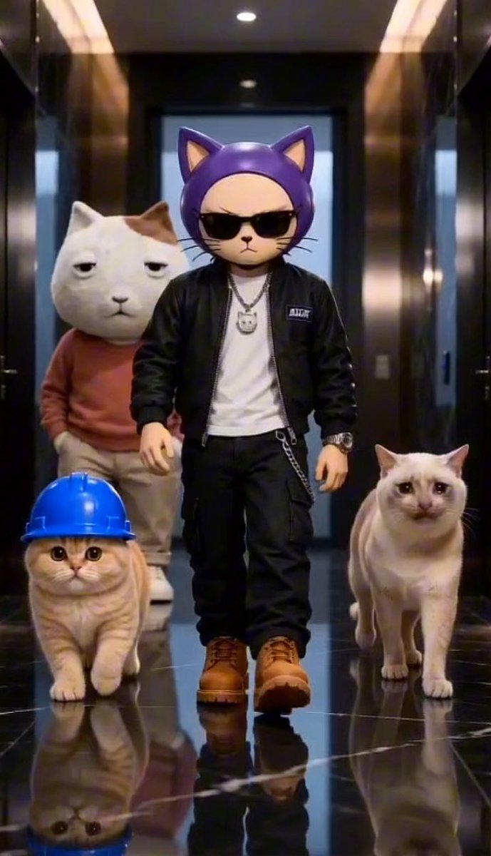 A figure in a black bomber jacket, sunglasses, and a purple cat-eared hood stands in a modern hallway flanked by three cats, including one wearing a blue hard hat.