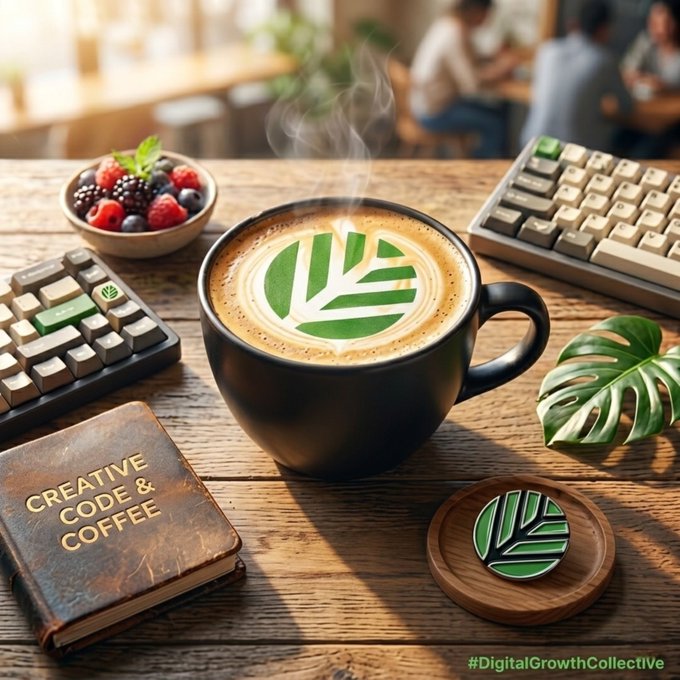 The image features an old book titled "Creative Code & Coffee" with a coffee cup sitting next to it. The background shows a wooden table with two keyboards, one of which has a green leaf design on it. There are also some fruits like berries and a plant in the scene. The main focus is on the book and the coffee cup placed on top of it.