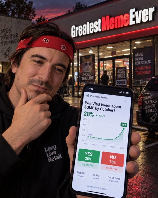 A man with a red bandana holds a phone showing a 'Prediction Market' app with the question 'Will Vlad tweet about $GME by October?' at 28%, with a 'Greatest Meme Ever' GameStop store in the background.