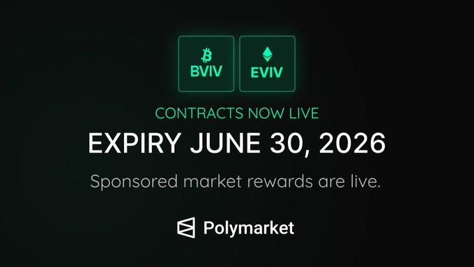 The image features a banner with text that reads "Contacts now live Expiry June 30, 2026 Sponsored market rewards are live @ Polymarket". The banner also includes logos for two cryptocurrency exchanges - BVIV and EVIV.