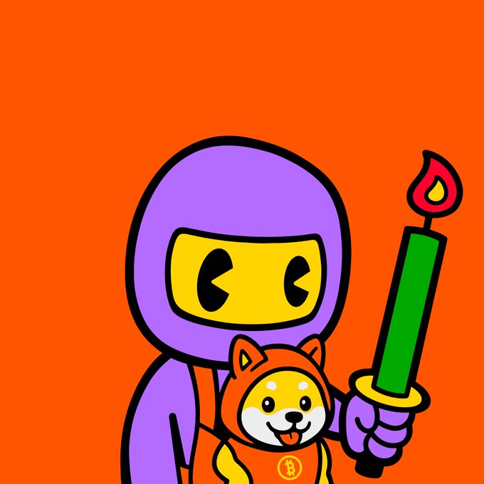 A purple astronaut-style cartoon character holds a green candle with a red flame while carrying a Shiba Inu puppy wearing a Bitcoin-branded hoodie. The image complements the post's excitement about $DOG and Bitcoin's rally, with the green candle symbolizing the bullish price action described.