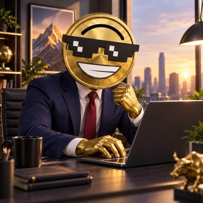 A surreal image of a businessman in a navy suit and red tie sitting at a desk with a laptop, but his head is replaced by a large gold coin wearing pixelated 'deal with it' sunglasses, and his hands are golden as well.