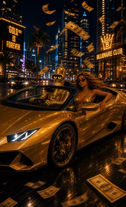 A stylized digital artwork of a gold-themed Lamborghini with a robot and a woman in gold attire, set against a nighttime city skyline with floating dollar bills and signs reading 'GOLD IS FOREVER' and 'BILLIONAIRE CLUB'.