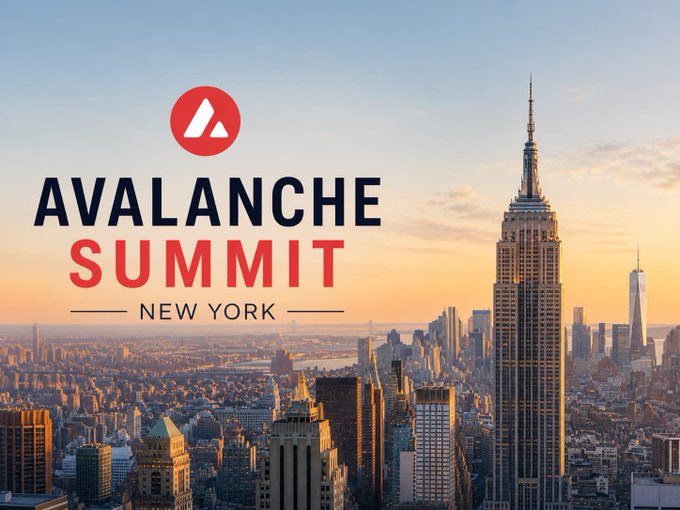 A promotional image for the 'Avalanche Summit New York' features the event's red and white logo overlaid on a sunset view of the New York City skyline, prominently showing the Empire State Building.