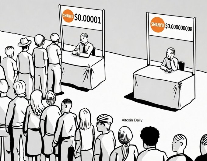 The cartoon depicts a crowd lined up at two booths—one labeled "$MANYU $0.00001" with a line of eager buyers, and another showing "$MANYU $0.000000008" with an empty counter—humorously illustrating the post's prediction that MANYU will be valued at $0.00001, a dramatic increase from its current near-worthless price.