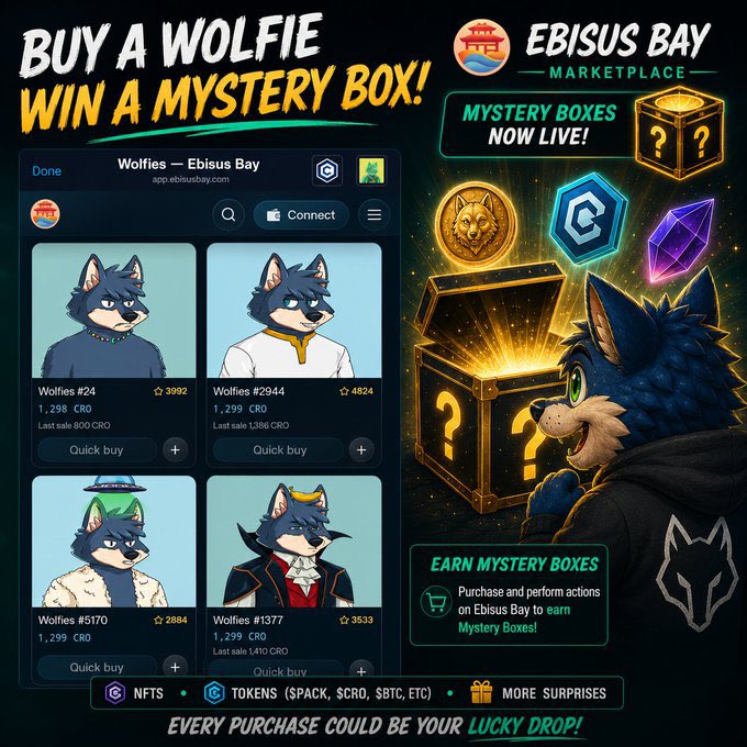 A promotional graphic for 'Ebisus Bay Marketplace' advertises 'Buy a Wolfie Win a Mystery Box!' featuring NFT wolf characters with CRO prices like '1,298 CRO' and text about earning mystery boxes.