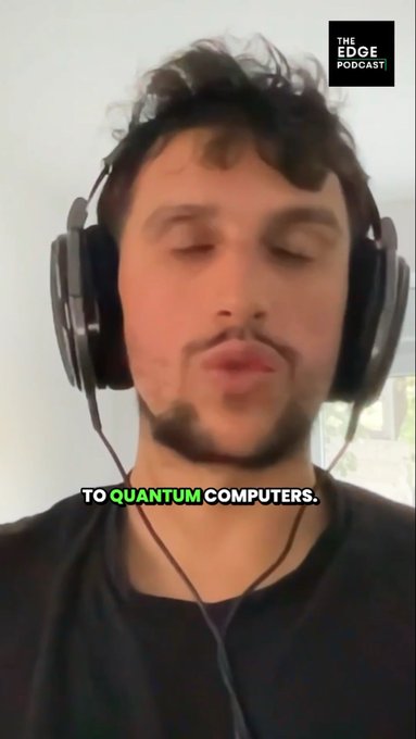 A screenshot from 'THE EDGE PODCAST' showing a man with headphones and a mustache, with a subtitle reading 'TO QUANTUM COMPUTERS.'