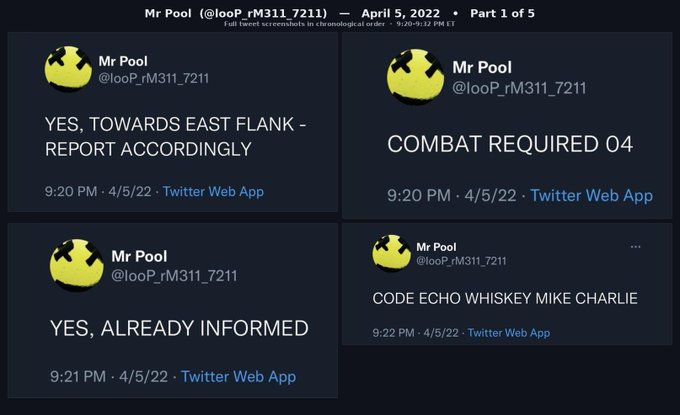 Four tweets from "Mr Pool" (@looP_rM311_7211) posted on April 5, 2022, containing cryptic military-style messages ("COMBAT REQUIRED 04," "YES, TOWARDS EAST FLANK," "CODE ECHO WHISKEY MIKE CHARLIE") that, per the accompanying post, encode dates using a non-Gregorian calendar (likely the Islamic/Hijri calendar), explaining why their predictive posts didn't align with expected events in April by the Western calendar.