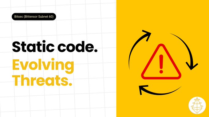 The image is a promotional graphic for Bitsec (Bittensor Subnet 60) with the headline "Static code. Evolving Threats." alongside a warning triangle icon surrounded by circular arrows, symbolizing ongoing vulnerability detection in unchanging code. It visually reinforces the post's message that even untouched, audited code can harbor latent exploits, as demonstrated by the 1inch Fusion v1 contract's $5M integer underflow bug discovered after nine audits.