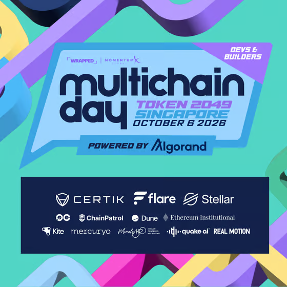 A colorful event poster for 'Multichain Day' at Token 2049 Singapore on October 8 2026, powered by Algorand, listing sponsors including Certik, Flare, Stellar, ChainPatrol, Dune, Ethereum Institutional, Kite, Mercuryo, Quake AI, and REAL MOTION.