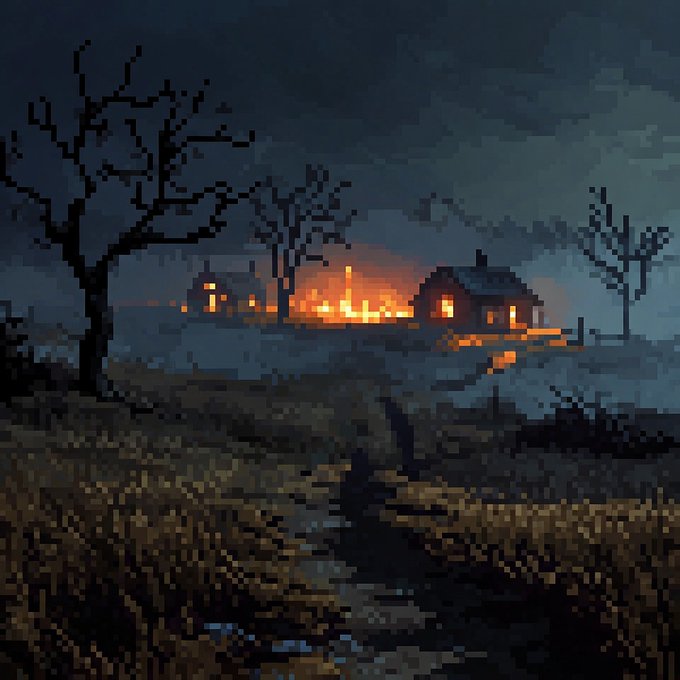 A dark pixel art scene depicts a burning building or settlement at night, with bright orange flames illuminating the silhouettes of bare trees against a stormy sky and a muddy path in the foreground.