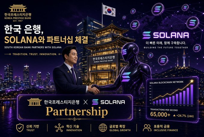 A promotional graphic announcing a partnership between Korea Prestige Bank and Solana, featuring a businessman shaking hands with a futuristic robot, Korean and English text, and a chart showing '65,000+ TRANSACTIONS PER SECOND'.