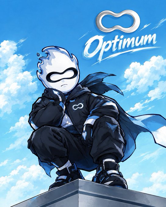 Stylized illustration of a hooded character in dark futuristic attire and a white mask with an infinity symbol, crouching on a rooftop edge against a blue cloudy sky with the 'Optimum' logo and infinity symbol prominently displayed.