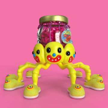 The image features a collection of yellow toy spider legs, each wearing a pair of shoes that are blue and white with red accents. The legs are arranged in a circle around a jar filled with jelly beans, creating an interesting visual effect. The text "The Brain Trust is the first JOY auctioned through JOYWORLD's new auction contract, JOYauction" suggests that this unique arrangement of toy spider legs and jelly bean jar might be part of a JOY auction or event.