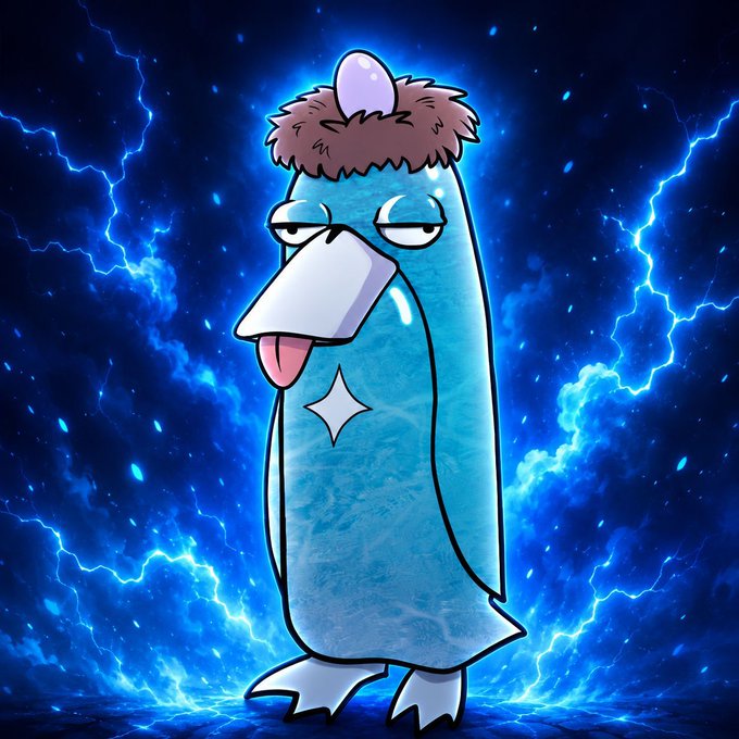 A cartoonish blue penguin-like character wearing a furry brown hat with a purple egg on top stands confidently against a dramatic background of crackling blue lightning, channeling the "GM Builders" morning greeting with its laid-back, half-lidded expression and tongue playfully out.