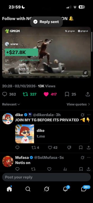 A mobile screenshot of a social media feed shows a post about GMGN with a +$27.8K gain, followed by comments from users 'dike' and 'Mufasa'.