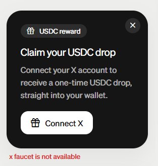 A pop-up modal offering a "Claim your USDC drop" prompts users to connect their X account for a one-time USDC reward, but is accompanied by red text stating "x faucet is not available," reflecting the poster's frustration about missing out on the MoonPay USDC stimulus drop while watching others flex on their timeline.