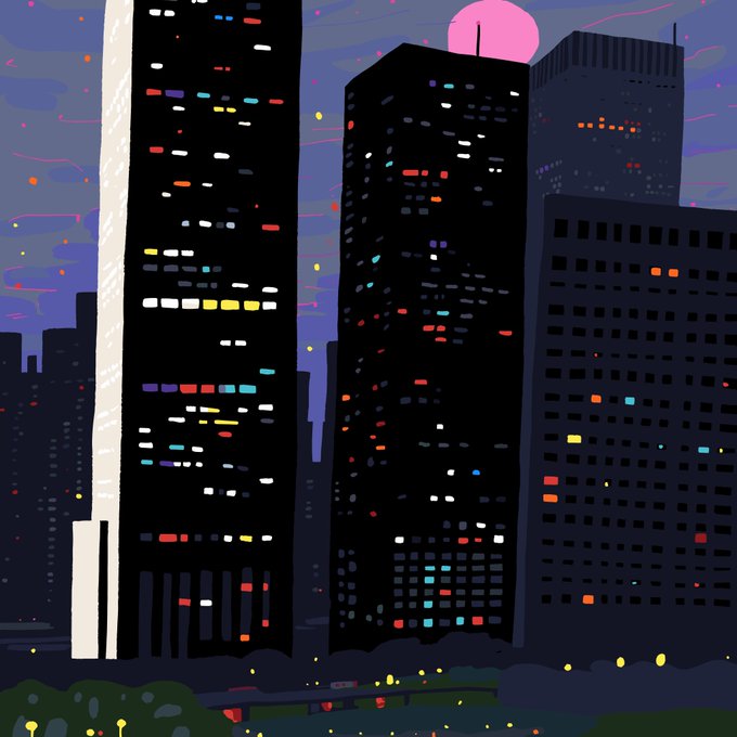 A stylized digital illustration of a nighttime cityscape with towering skyscrapers illuminated by colorful window lights against a purple sky featuring a pink moon.