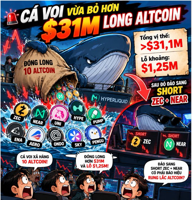 A Vietnamese-language cryptocurrency infographic depicting a whale dumping $31M worth of altcoins (ZEC, NEAR, UNI, HYPE, PUMP, ENA, AERO, ONDO, SKY, PENGU) with a $1.25M loss, followed by shorting ZEC and NEAR.