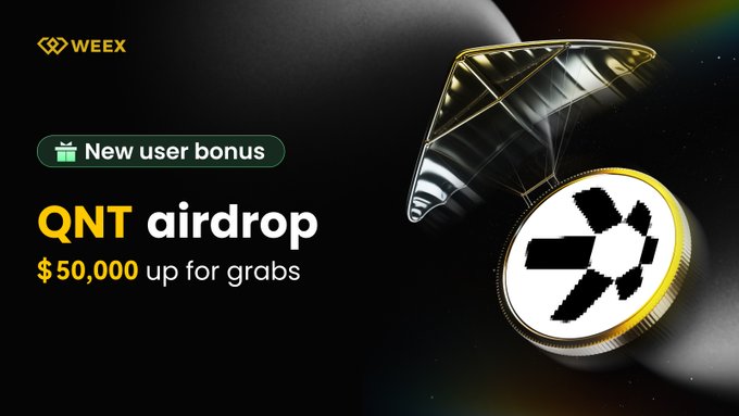 A promotional banner from WEEX advertising a "QNT airdrop" with a "$50,000 up for grabs" prize pool for new users, featuring 3D-rendered QNT coin imagery and a "New user bonus" tag to highlight the limited-time trading event running in late September through early October 2026.