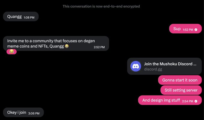 End-to-end encrypted chat conversation between Quangg and Sup discussing launching a Mushoku Discord community focused on degen meme coins and NFTs, with messages about server setup and design.
