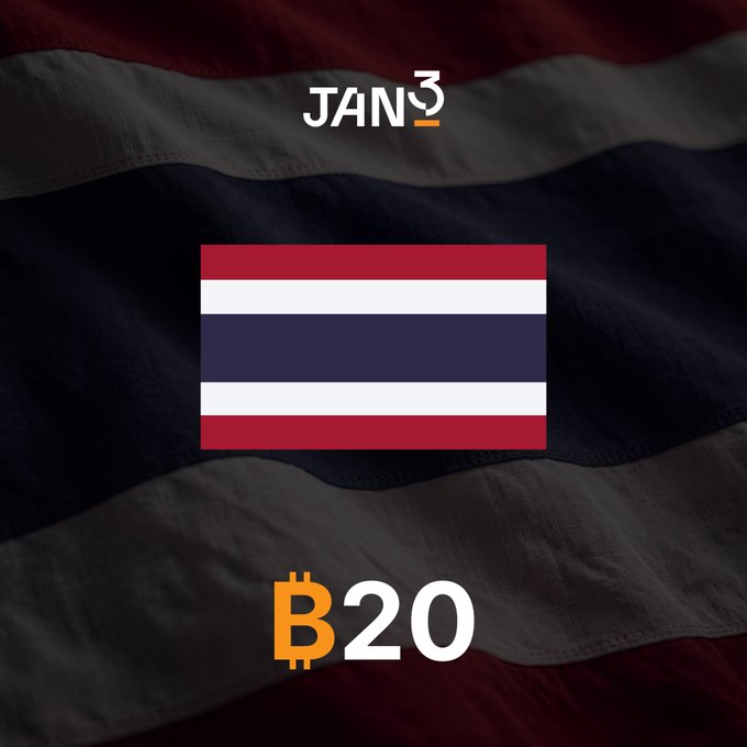 A graphic featuring the flag of Thailand with 'JAN3' at the top and a Bitcoin 'B20' logo at the bottom over a waving Thai flag background.