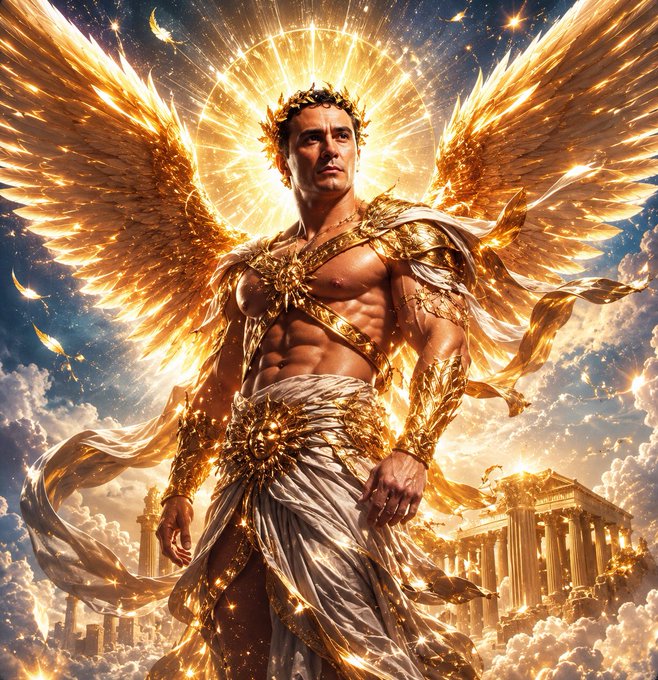 The image features a muscular man with wings, dressed in an angelic outfit that includes a white robe and gold armor. He stands against a backdrop of clouds and buildings, suggesting he might be in a city or town. The caption reads "gHotemin Summer to all on this lovely friday! We will ride the Hot sun into glory soon brothers!". This post seems to be promoting an event or gathering related to the summer season, possibly involving the man with wings as a central figure.