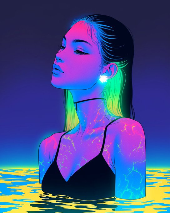 A woman in a neon-lit, vaporwave-style illustration bathes in glowing water under a dark sky, with crackling electricity-like patterns illuminating her skin, conveying a dreamy and surreal atmosphere that complements the post's gratitude to the web3 community.