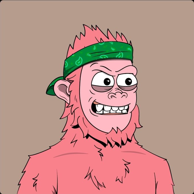 Cartoon illustration of a pink gorilla or monkey wearing a green bandana with a manic grin against a tan background.