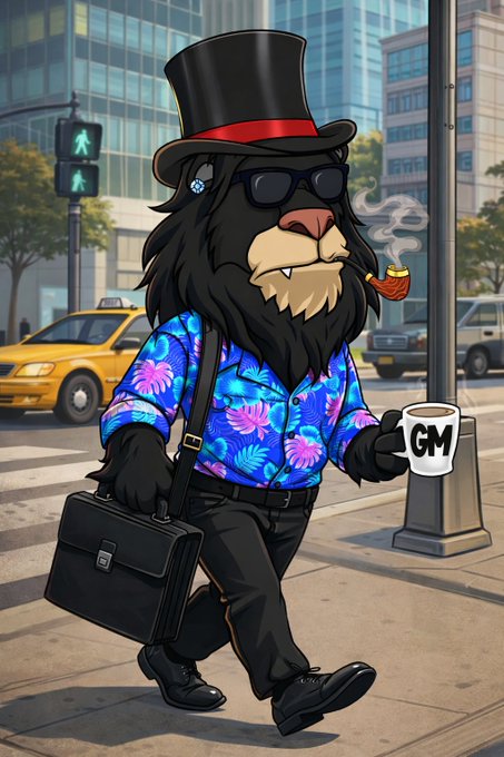 An animated illustration of a black bear-like character wearing a top hat, sunglasses, and a blue floral Hawaiian shirt, walking through a city street while smoking a pipe and carrying a 'GM' coffee mug and a briefcase.
