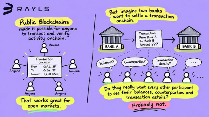 An infographic by 'RAYLS' compares public blockchains, explaining that while they work for open markets, they may not be suitable for private transactions between two banks due to privacy concerns.