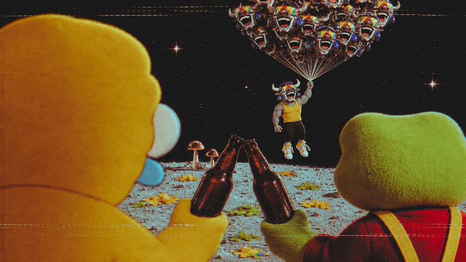 Two plush characters toast beer bottles on a cosmic mushroom-covered planet, watching a buff cartoon figure float down from a cluster of clown-faced balloons in the starry sky. The whimsical, surreal scene pairs with the "cheers to having a bipolar dev" caption to celebrate the wild, chaotic energy of a developer's creative highs and lows.