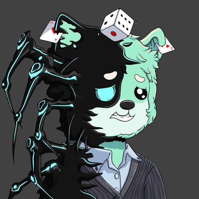 The image features a cartoon bear wearing a suit, standing against a black background with a white border. The bear has a green face and is holding a pair of dice above its head. There are also two other dice visible in the scene, one on top of the bear's head and another near the bottom left corner of the image.