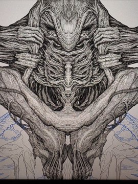 A dark, detailed pencil or ink illustration depicting a grotesque, symmetrical creature with muscular, tentacle-like features.