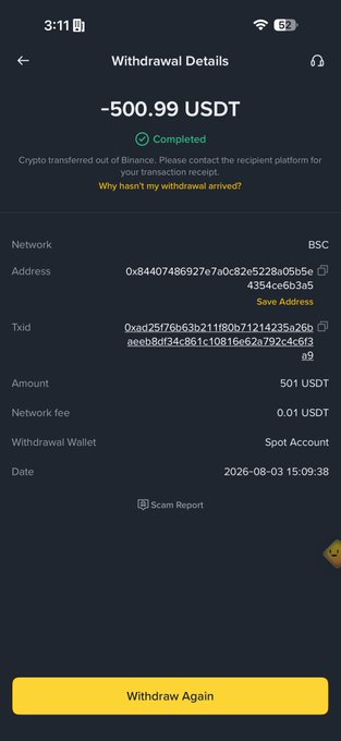 A Binance withdrawal receipt showing -500.99 USDT sent to address "0x844074869..." (0xa...) with transaction ID "0xad25f78663b..." successfully completed on 2026-08-03 at 15:09:38 from a Spot Account via BSC network, serving as proof of the $500 transfer mentioned in the post.