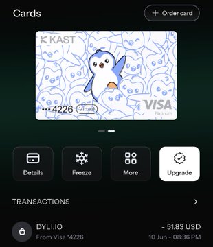 The image shows a credit card application screen for a penguin-themed Visa card, which has been recently used or is about to be used. The card details are displayed, including the card number, expiration date, and whether there's an upgrade available. The user can also see that they have paid for shipping using their penguin-themed Visa card.