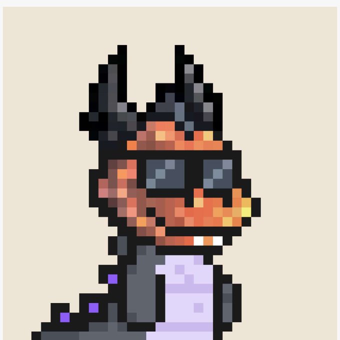 A pixel art portrait of a black, dog-like character with orange/red textured fur on its face and a purple-accented outfit against a beige background.