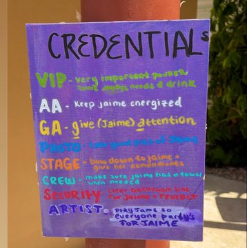 A purple handmade sign lists event credentials with their meanings: VIP, AA, GA, Photo, STAGE, CREW, Security, and ARTIST, each with a color-coded definition of access privileges.