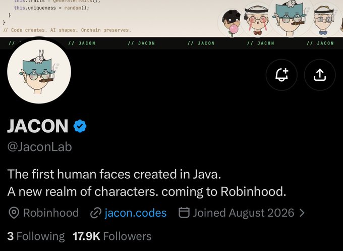 A screenshot of the JACON Twitter/X profile (@JaconLab) showing 17.9K followers, a verified blue checkmark, and the bio describing it as "The first human faces created in Java. A new realm of characters. coming to Robinhood," with code snippet visible at top mentioning "this.crais = generateTrait()" and the tagline "Code creates. AI shapes. Onchain preserves." The profile, as referenced in the accompanying post about JACON's concept of bringing Java's 90s computer culture to an onchain collection, features an avatar of a pixelated character with glasses and a cup, consistent with its retro Java-inspired PFP aesthetic.