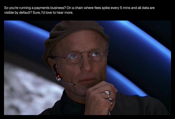 The image features an older man wearing glasses and a hat with his hand resting on his chin as he looks off into the distance. The text above him reads "Do you're running a payments business? On chain where fees spike every 5 min and all data are table by definition?".