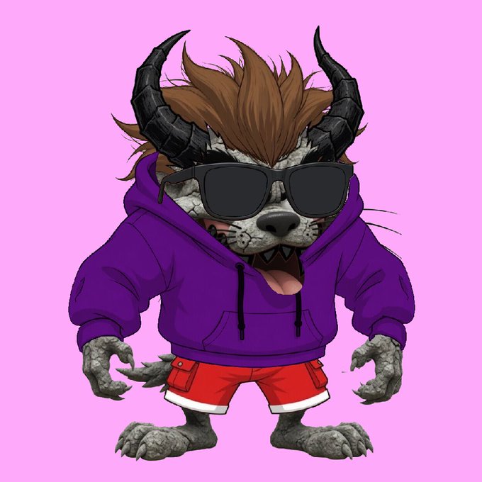 A cartoon werewolf-like character with brown fur, black horns, and dark sunglasses wears a purple hoodie and red shorts against a pink background, representing the "Stone Taz with Black horns" NFT being gifted in honor of Taz O-Matic's mental health community celebration.