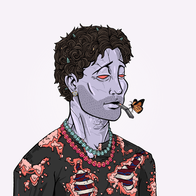 A digital illustration of a zombie-like figure with cracked purple-gray skin, red eyes, and curly dark hair, smoking a cigarette with a monarch butterfly perched on it, wearing a distressed shirt with visible ribcage details and beaded necklaces.