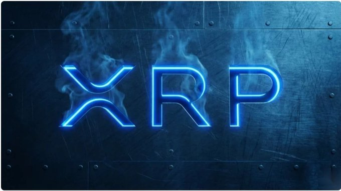 The text 'XRP' is displayed in glowing blue neon letters against a dark, metallic, scratched background with smoke rising around the letters.