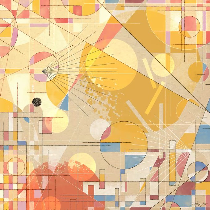 An abstract geometric composition bursts with overlapping circles, radiating lines, and architectural blocks in a warm palette of yellow, coral, and blue—channeling the optimistic "good morning" energy of "Gm" through its sunrise-like hues and energized, forward-reaching geometry.